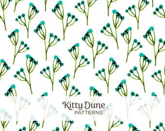 Digital Download Seamless Repeatable Pattern For Print, Blue and Green Twigs Watercolor Design Original Art