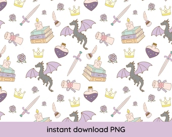Fantasy Books Seamless Pattern PNG, Cute Trendy Popular Aesthetic Dragon Books Reader, Fantasy Bookish Seamless Pattern, Commercial use
