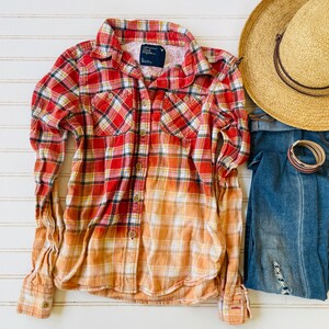 Kids's One of a Kind Custom Ombre Fall Flannel Buffalo Plaid Check Shirt Distressed Bleached Dip Dyed Girl's Size 8
