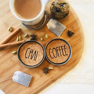 Set of 2 Personalized Farmhouse Cork Wide Mouth Mason Jar Lid Coasters for Coffee Chai or Tea Tall Skinny Lettering Cute Gift!