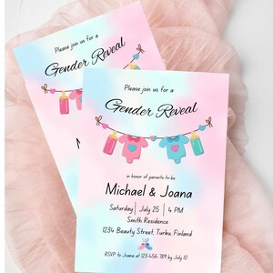 Pink and Blue Baby Clothes Gender Reveal Invitation, Clothesline Gender Reveal Party Invite, Editable Template, DIGITAL DOWNLOAD
