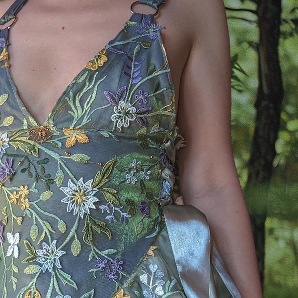 Embroidered Tulle Fairy Dress, Woodland Rave Outfit, Silk Chiffon
