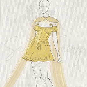 May include: A sketch of a yellow dress with a cape. The dress has a fitted bodice, ruffled sleeves, and a short skirt. The cape drapes from the shoulders. The drawing is on a textured, off-white background.