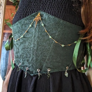 Corsé élfico de jacquard verde - Bustier de fantasía hecho a mano