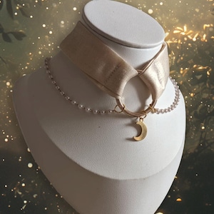 Fairycore Gold Satin & Pearl Choker – Handmade Crescent Moon Necklace | Romantic Festival or Wedding Jewelry