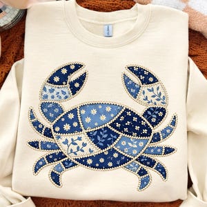 Faux Embroidery Crab PNG, Blue Floral Patchwork Coastal Crab Clipart Gift, Vintage Nautical Beach Aesthetic Graphic PNG, Ocean Summer PNG.