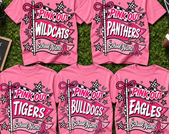 Custom Pink Out Football Flag PNG, Personalized Mascot PNG, Breast Cancer Awareness Shirt Design, School Spirit Game Day Cheer Sublimation