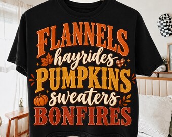 Flannels Hayrides Pumpkins Sweaters Bonfires PNG, Vintage Fall Shirt Design, Cozy Autumn Vibes, Rustic Harvest Festival Retro Sublimation