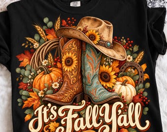 It's Fall Y'all PNG, Pumpkin Cowboy Boots Shirt Design, Western Autumn Rustic Tree Print, Southern Country Style, Hello Harvest Sublimation