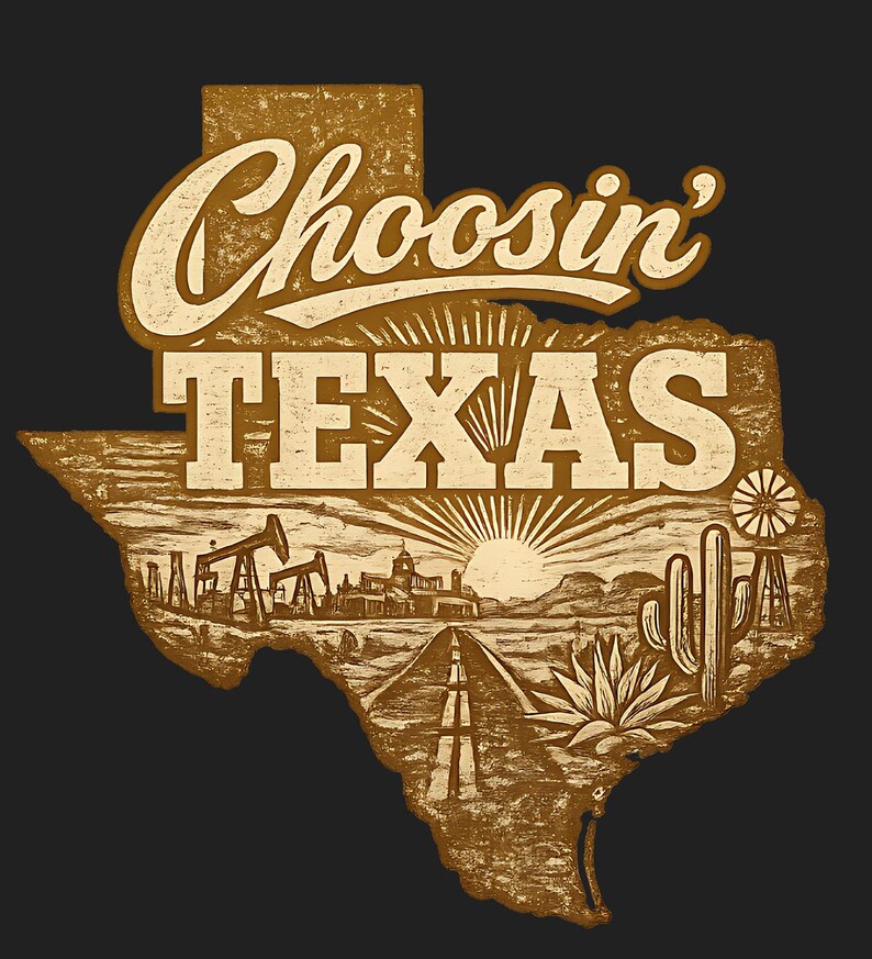 Puede incluir: Un dise&ntilde;o gr&aacute;fico marr&oacute;n con la forma de Texas, con las palabras "Choosin' TEXAS" en una fuente vintage. El dise&ntilde;o incluye ilustraciones de torres de perforaci&oacute;n petrolera, una carretera, un cactus y un sol naciente, sobre un fondo oscuro.