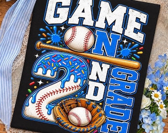 2nd Grade PNG, Baseball Drip Ice Cream Shirt Design, Game On 2nd Grade Back to School Graphic Png, Second Grade Boys Sublimation Download.
