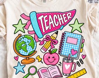Teacher PNG, Preppy Coquette Teacher Shirt Design, School Supplies Pennant Graphic, Back to School Teacher Sublimation, Apple Pencil Tumbler
