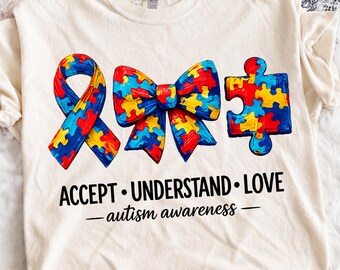 Autism Awareness PNG, Accept Understand Love Png, Autism Mama Sublimation Design, Autism Mom Png, Neurodiversity Png, Autism Puzzle Bow PNG,