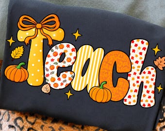Teach Pumpkin Fall PNG, Leopard Checkered Autumn Shirt Design, Howdy Teacher Graphic, Back to School Outfit, Preppy Classroom Sublimation