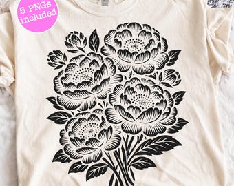 Vintage Linocut Flower SVG PNG, Peonies Shirt Design, Vintage Floral PNG, Boho Flowers Sublimation File, Cottagecore Trendy Digital Download