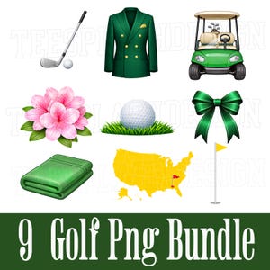 Masters Golf Clipart-Set, 9 PNG-Bundle, Golf-Turnier-Symbol-Illustrationen, grüne Jacke, Azaleen-Golf-Cart, Lochfahne, von Meistern inspiriert