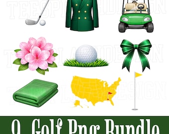 Masters Golf Clipart Set, 9 Golf PNG Bundle, Golf Tournament Symbol Illustrations, Green Jacket, azalea golf cart,hole flag,Masters inspired
