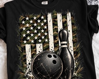 Bowling PNG, Camo American Flag Shirt Design, Vintage Patriotic Bowler, Bowling Team Graphic,USA Sports Gift,Military Camouflage Sublimation