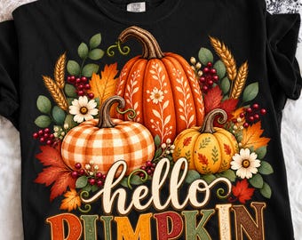 Hello Pumpkins PNG, Coquette Fall Shirt Design, Cute Autumn Bow Graphic, Pumpkin Patch Aesthetic, Chic Harvest Sublimation, Digital Download