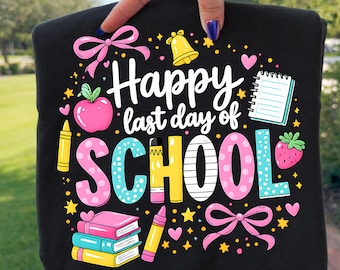 Coquette Happy Last Day Of School PNG, Retro Teacher Summer Break Tee Design, End Of Year png, Pastel Bow Pencil Pattern (Digital Download).