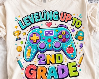 Leveling Up to 2nd Grade PNG, Gamer Back to School Digital Download, Video Game Controller Sublimation Graphic, Teacher School Design.