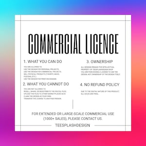 Puede incluir: Documento blanco con las palabras "COMMERCIAL LICENCE" en letras negras en negrita. El documento describe los t&eacute;rminos de uso, incluyendo lo que est&aacute; y no est&aacute; permitido, la propiedad y la pol&iacute;tica de reembolso. El fondo es un degradado de rosa, morado y azul.