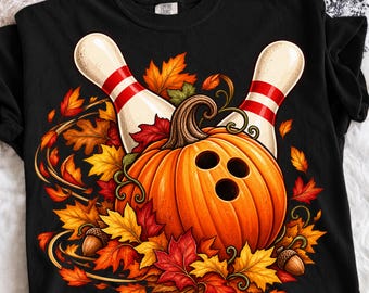 Bowling Pumpkin PNG, Fall Bowling Shirt Design, Autumn Leaves Graphic, Cute Bowler Gift for Women Boys,Harvest Season Sports Sublimation Art