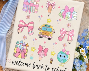 Teacher PNG, Welcome Back to School Shirt Design, Coquette Pencil Globe Bow Graphic, Cute First Day of School Teacher Girl Sublimation Png.