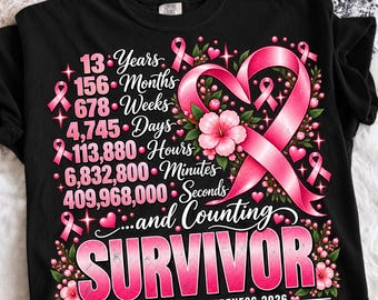 13 Years and Counting PNG, Breast Cancer Survivor 2026 Design, Pink Ribbon Warrior Gift, Awareness Sublimation Adult PngDigital Download.