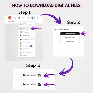 Puede incluir: Una gu&iacute;a sobre c&oacute;mo descargar archivos digitales, con los pasos 1, 2 y 3. El paso 1 muestra la secci&oacute;n "Compras". El paso 2 muestra el bot&oacute;n "Descargar archivos". El paso 3 muestra el bot&oacute;n "Descargar" con un icono de nube. El texto dice "C&Oacute;MO DESCARGAR ARCHIVOS DIGITALES".
