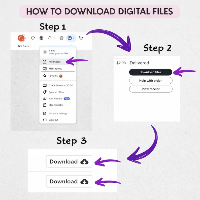 Puede incluir: Una gu&iacute;a sobre c&oacute;mo descargar archivos digitales, con los pasos 1, 2 y 3. El paso 1 muestra la secci&oacute;n "Compras". El paso 2 muestra el bot&oacute;n "Descargar archivos". El paso 3 muestra el bot&oacute;n "Descargar" con un icono de nube. El texto dice "C&Oacute;MO DESCARGAR ARCHIVOS DIGITALES".