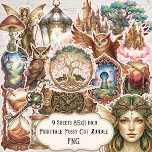 May include: A collection of fairytale-themed stickers featuring owls, castles, fairies, and a keyhole design. The stickers are in various colors, including brown, green, and pink. The text on the image reads "9 Sheets 8.5x11 inch Fairytale Pussy Cut Bundle PNG."