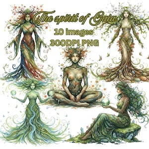 May include: A digital art print featuring multiple images of the spirit of Gaia. The images depict female figures with nature-inspired designs, including flowing gowns, floral crowns, and tree-like bodies. The text reads "The spirit of Gaia, 10 images, 300DPI.PNG."