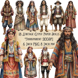 Op de afbeelding: Een illustratie van 18 vintage zigeuner papieren poppen, met mannen en vrouwen in traditionele kleding. De poppen zijn gekleed in kleurrijke kleding en accessoires. De afbeelding bevat de tekst "18 Vintage Gypsy Paper Dolls, Transparent 300DPI, 6 Inch PNG 8 Inch PDF."