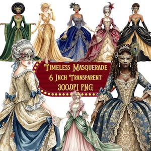 Mascarade vintage pour femmes, poupées en papier, aquarelle de 15,2 cm (6 po.) PNG (téléchargement numérique)