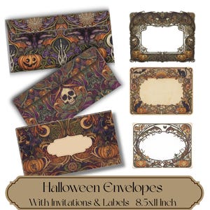 May include: A collection of Halloween-themed stationery featuring three envelopes with intricate patterns of pumpkins, skulls, bats, and spiderwebs, alongside three rectangular frames with decorative borders, all labeled as Halloween Envelopes With Invitations & Labels 8.5x11 Inch.