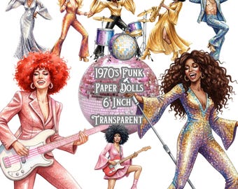 Op de afbeelding: Waterverfillustratie van jaren 70 funk papieren poppen. De afbeelding toont meerdere figuren in levendige outfits, waaronder jumpsuits en flared broeken, die instrumenten bespelen en zingen. Een discobal staat in het midden, met de tekst "1970's Funk Paper Dolls 6 Inch Transparent."
