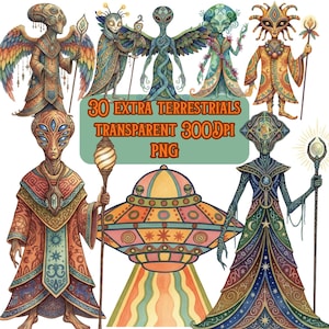 Puede incluir: Ilustración en acuarela que presenta una colección de seres extraterrestres con diseños intrincados y colores vibrantes. La imagen incluye varias figuras alienígenas, cada una con atuendos y accesorios únicos, junto con un OVNI colorido. El texto dice "30 EXTRA TERRESTRIALS TRANSPARENT 300DPI PNG."