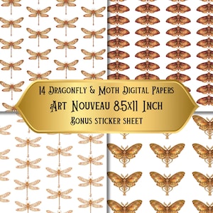Könnte beinhalten: Digitales Papier-Set mit Libellen- und Mottenmustern im Jugendstil. Die Designs sind in Braun- und Goldtönen auf weißem Hintergrund gehalten. Der Text auf dem Bild lautet "14 Dragonfly & Moth Digital Papers Art Nouveau 8.5x11 Inch Bonus Sticker Sheet."
