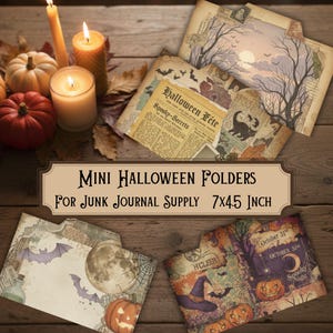 May include: Three decorative paper folders measuring 7x4.5 inches, featuring vintage-style Halloween illustrations including pumpkins, bats, a full moon, a witch hat, and text reading Halloween Fete, Spooky-Secrets, and October 31st.