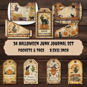 May include: A 34-piece Halloween junk journal set featuring pockets and tags with vintage-style illustrations of witches, black cats, pumpkins, ghosts, and moons. The set includes text reading Happy Halloween and Happy Haunting, sized 21.6x27.9 cm.