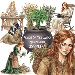 Witches in 4 seasons 40 images watercolor transparent commercial use 300DPI PNG