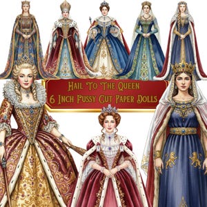 25 reines vintage, 6 pouces au format PNG, poupées en papier aux coupes délicates, transparent 300 ppp