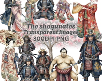 36 przezroczystych obrazów o wysokiej rozdzielczości 300 DPI z motywem samuraja, gejszy i sumo. Natychmiastowe pobranie w formacie PNG.