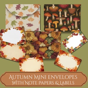 Pode incluir: Uma coleção de papelaria com mini envelopes, papéis de nota e etiquetas com tema de outono, decorados com padrões de folhas, cogumelos, girassóis e bagas. O texto "AUTUMN MINI ENVELOPES WITH NOTE PAPERS & LABELS" está visível.