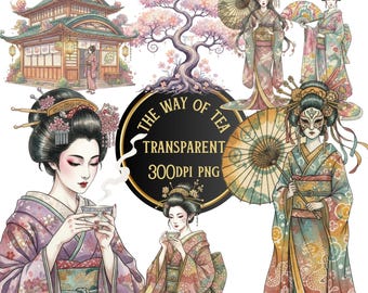 Könnte beinhalten: Aquarellillustration mit Geishas in traditioneller Kleidung, die Teetassen und Sonnenschirme halten. Das Bild zeigt ein Gebäude im japanischen Stil, einen Kirschblütenbaum und den Text "THE WAY OF TEA TRANSPARENT 300DPI PNG".