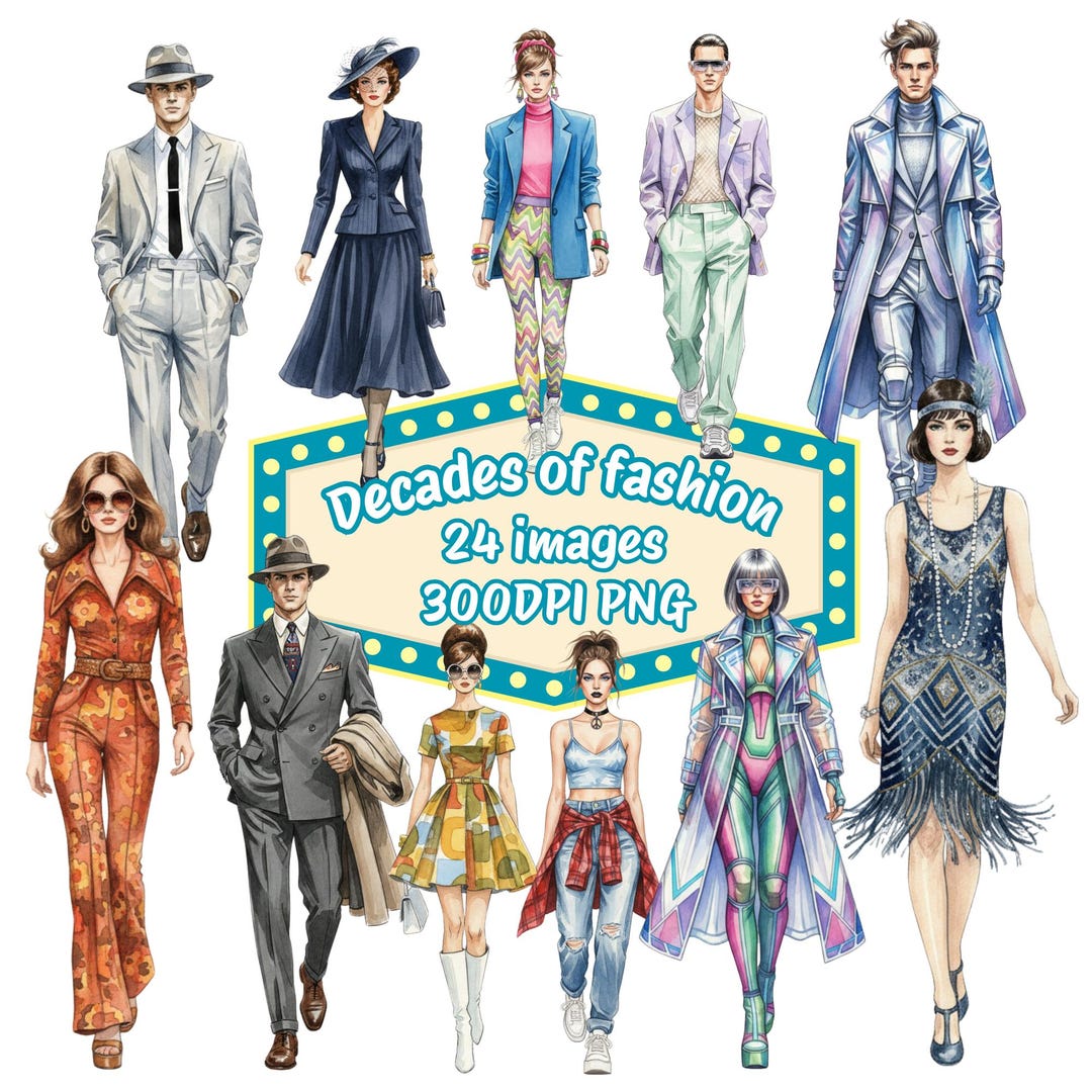 Fashion Runway Through the Decades 24 Watercolor Transparent Images ...