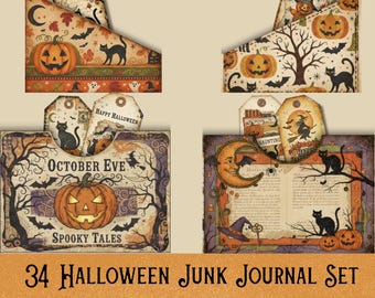 34 Halloween Junk Journal Tags & Pockets - Folk Art Halloween Junk Journal Supply set - Halloween Scrapbooking set