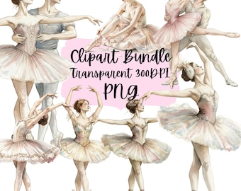 May include: A watercolour clipart bundle showing ballet dancers in various poses. The dancers wear tutus and pointe shoes in shades of pink, peach, and cream. The text "Clipart Bundle Transparent 300 DPI PNG" is visible.