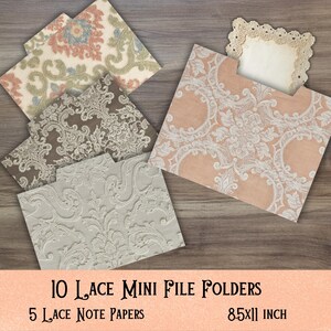 May include: A set of 10 mini file folders and 5 note papers featuring various lace-inspired patterns in shades of peach, brown, and cream. One note paper includes a decorative scalloped lace border. The text 10 Lace Mini File Folders, 5 Lace Note Papers, and 8.5x11 inch is printed at the bottom.